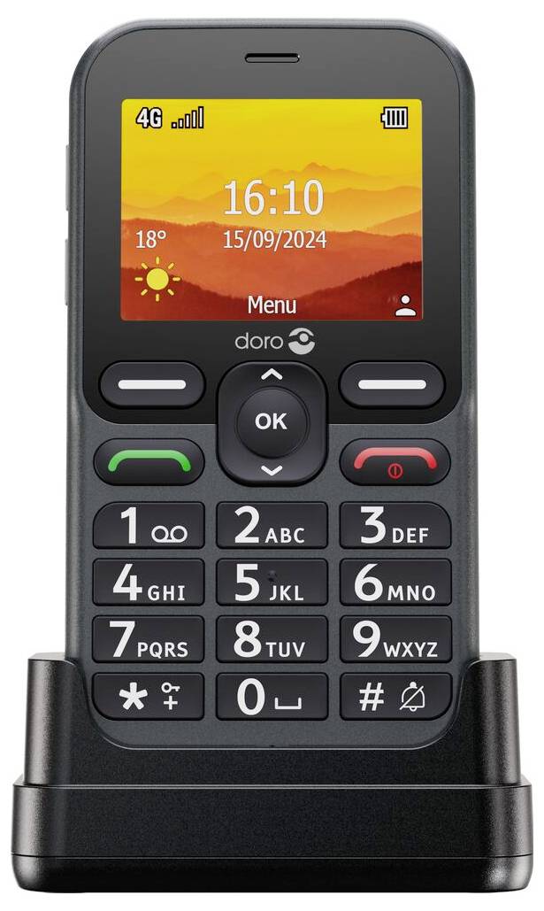 Ein einfaches Mobiltelefon mit Farbbildschirm, auf dem die Zeit „16:10