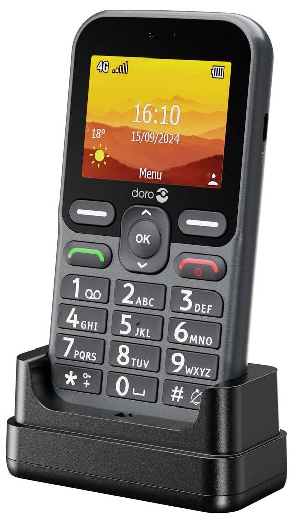 Ein Mobiltelefon mit einer Tastatur und farbigem Display, das die Uhrzeit „16:10