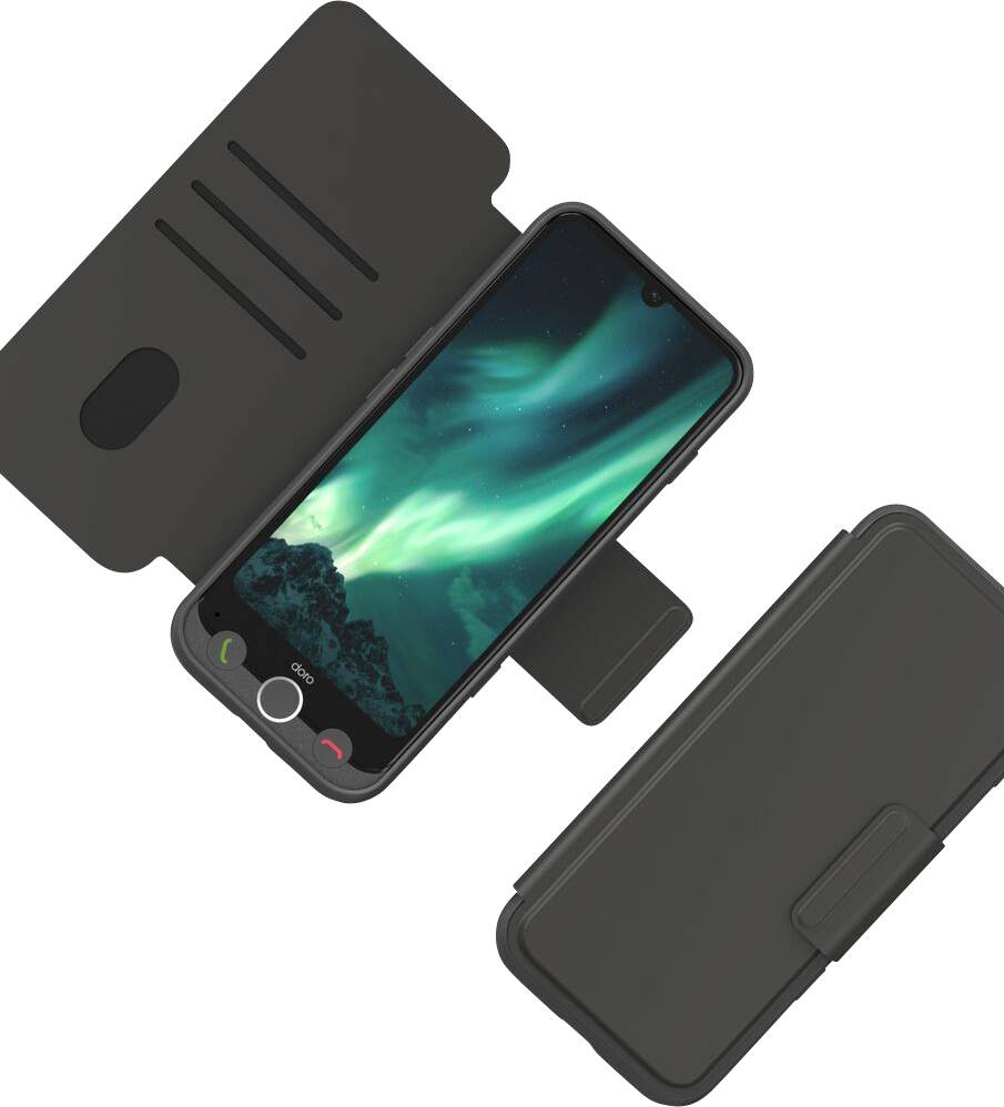 Ein Smartphone in einer schwarzen Klapphülle zeigt ein Bild des Nordlichts auf seinem Bildschirm. Die Hülle ist offen und zeigt Kartensteckplätze.