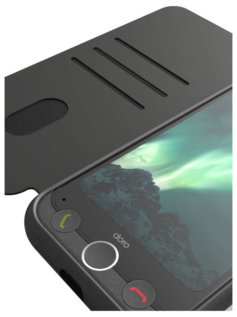 Ein Smartphone in einer schwarzen Hülle, teilweise geöffnet, das den Bildschirm mit einem naturgeprägten Hintergrundbild und Anruftasten am unteren Rand zeigt.