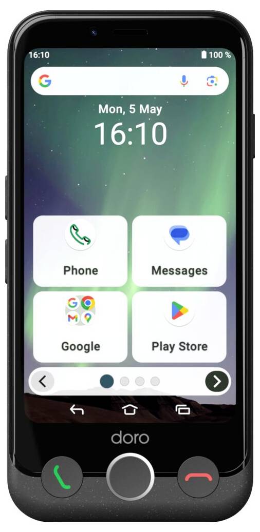 Smartphone mit Startbildschirm, Uhrzeit „16:10