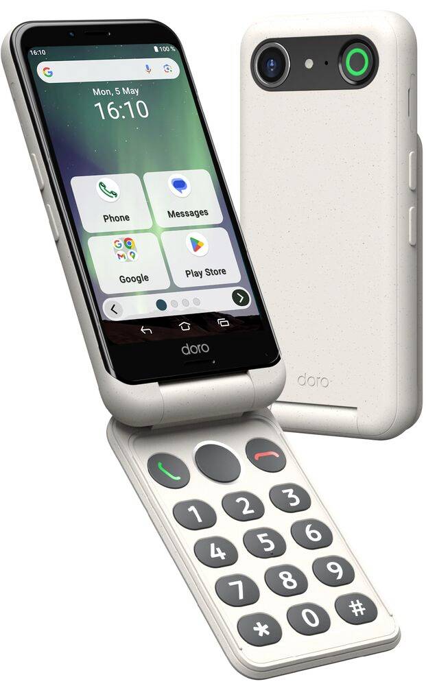Ein Klapp-Smartphone mit großen Tasten und einem Bildschirm, auf dem Symbole für „Telefon