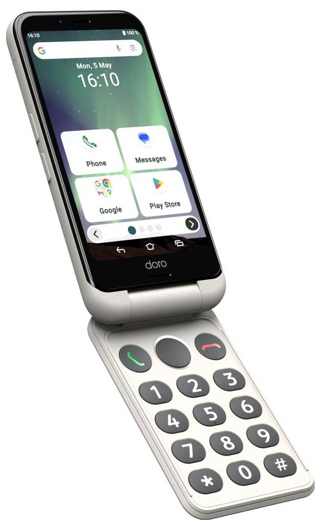 Ein silbernes Klapphandy mit großen Tasten und einem einfachen Display, das Uhrzeit und Datum anzeigt. Die Apps umfassen 
