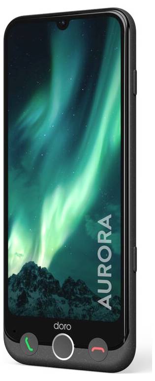 Ein Smartphone, auf dessen Bildschirm die lebendige Aurora Borealis angezeigt wird, mit dem Wort „AURORA