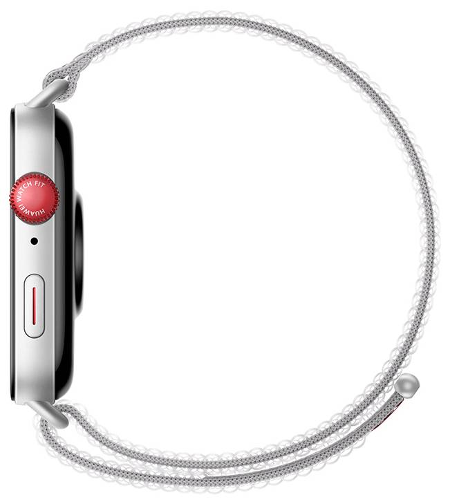 Seitenansicht einer Smartwatch mit einer kreisförmigen Krone, einem Knopf und einem geflochtenen Solo Loop-Armband in einer neutralen Farbe.