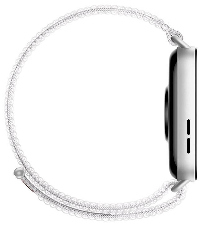 Seitenansicht einer Smartwatch mit weißem geflochtenem Schlaufenarmband, die das schlanke Design und die Seitentasten zeigt. Das Armband ist mit einer verstellbaren Schlaufe ausgestattet.