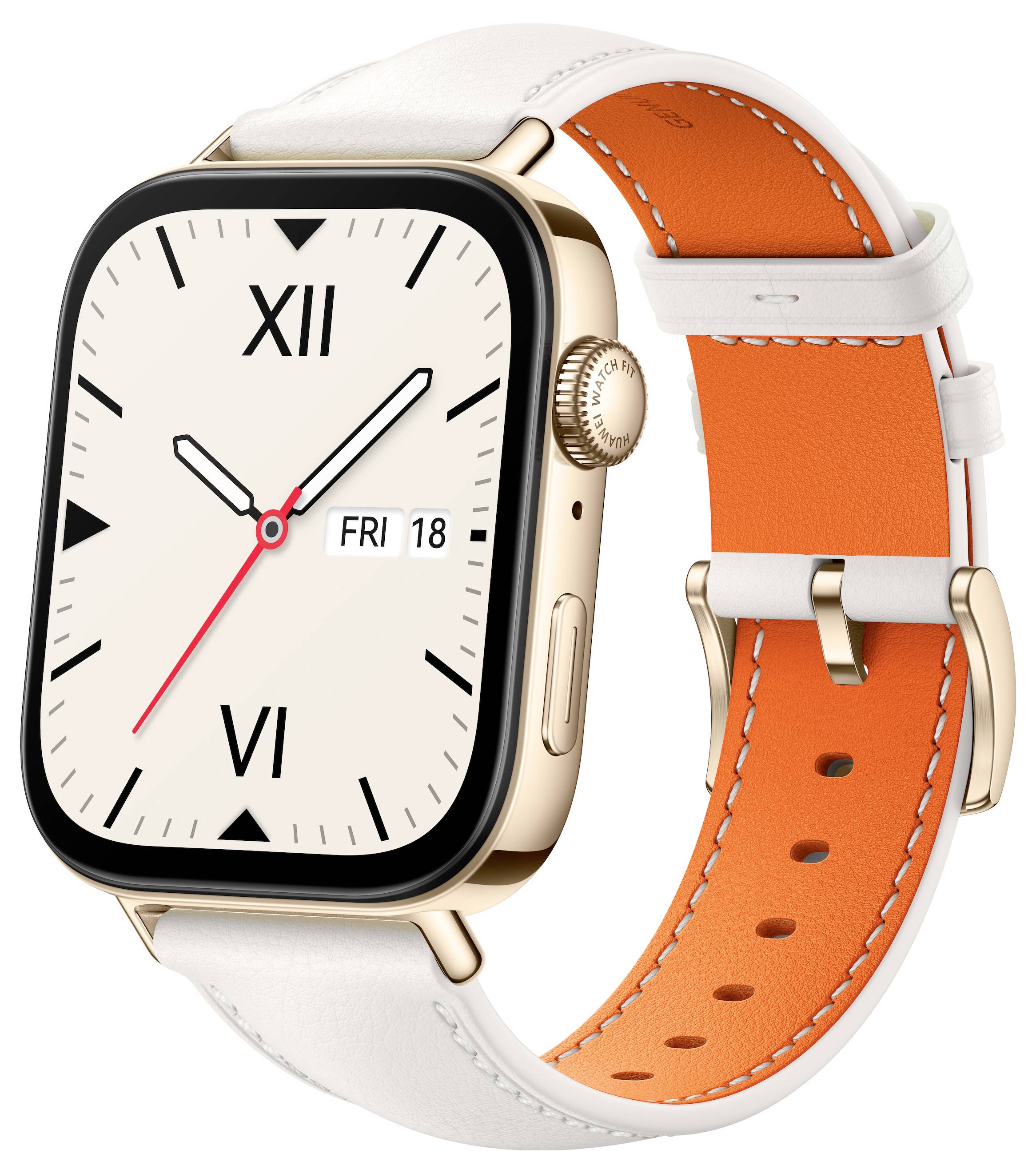 Eine Smartwatch mit quadratischem Goldgehäuse und weißem Zifferblatt, das die analoge Zeit mit römischen Ziffern anzeigt. Sie hat ein weiß-oranges Armband.