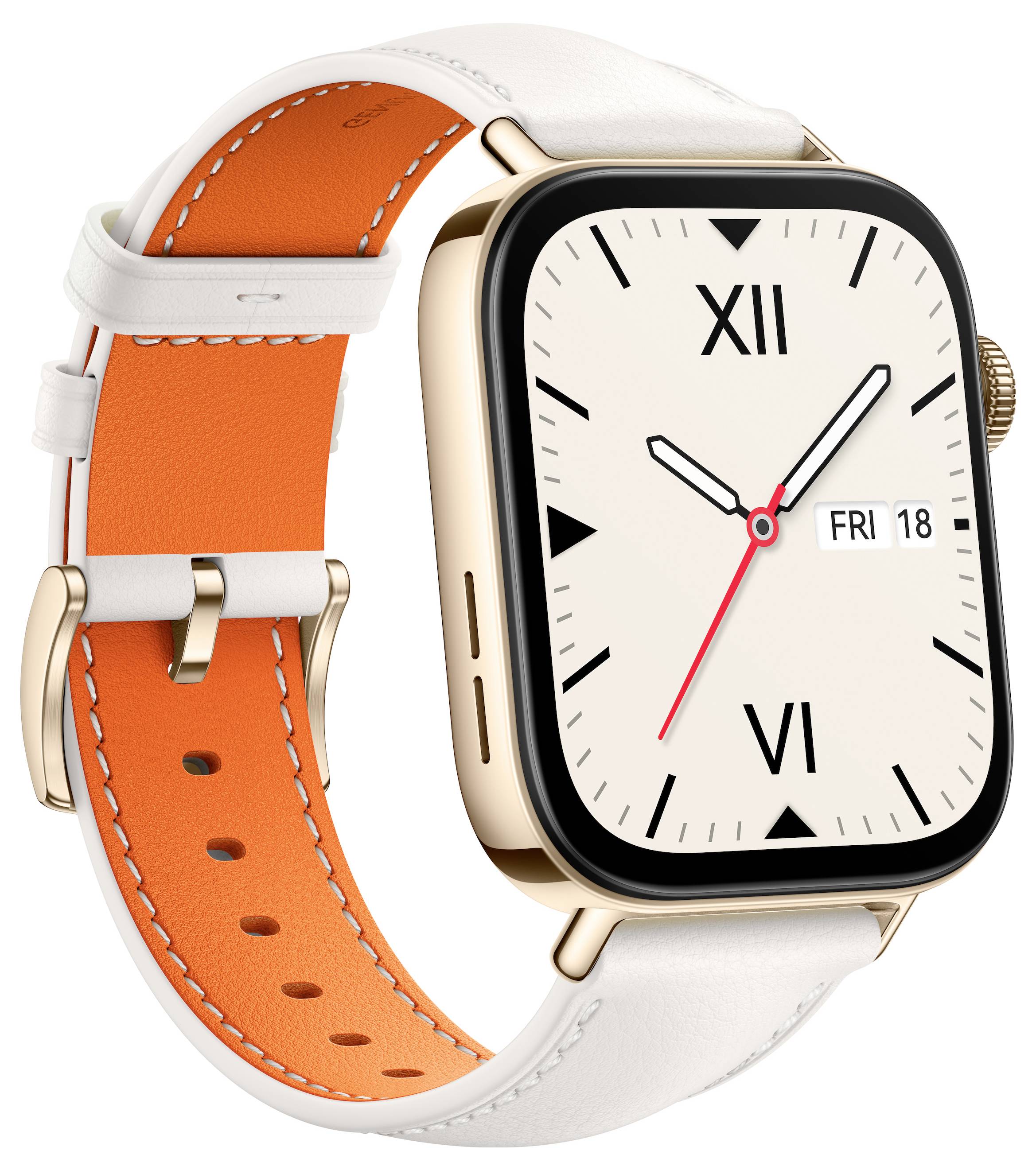 Eine moderne Smartwatch mit quadratischem goldenen Gehäuse, weißem Zifferblatt, römischen Ziffern und rotem Minutenzeiger. Das Armband ist aus weiß und orange gefärbtem Leder.