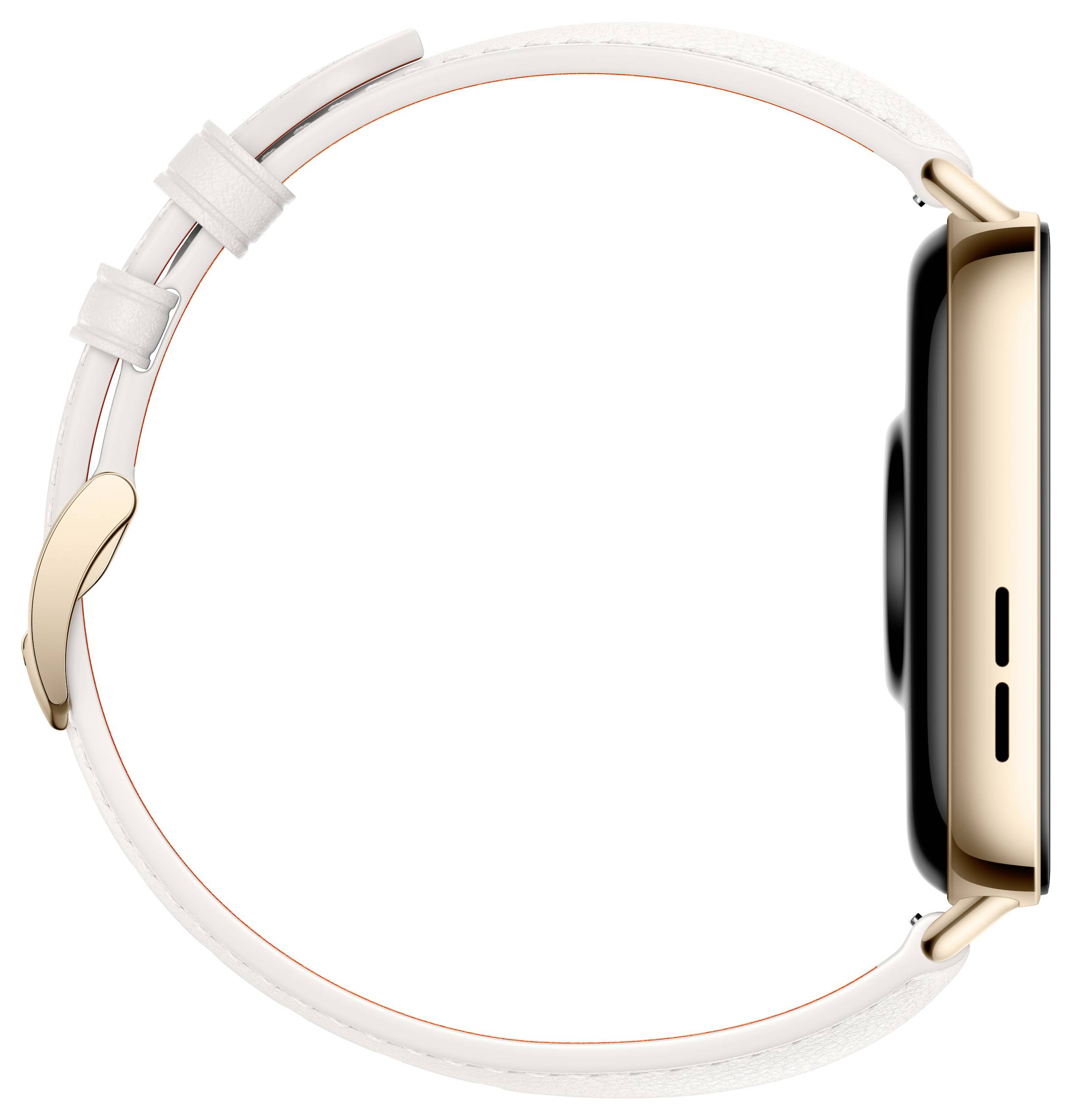 Eine Smartwatch mit einer runden, goldenen Lünette und weißem Armband wird von der Seite gezeigt, wobei ihr schlankes Profil und die Schließe hervorgehoben werden.