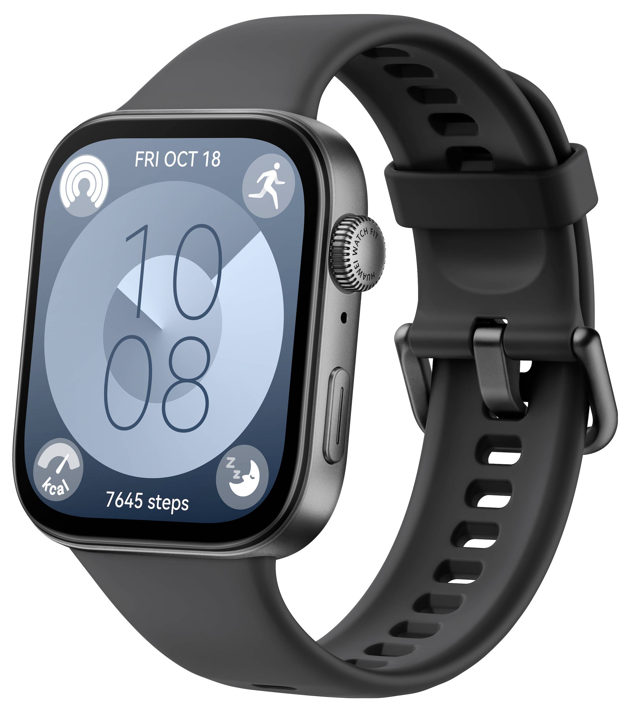 Smartwatch mit schwarzem Armband, das die Uhrzeit „10:08