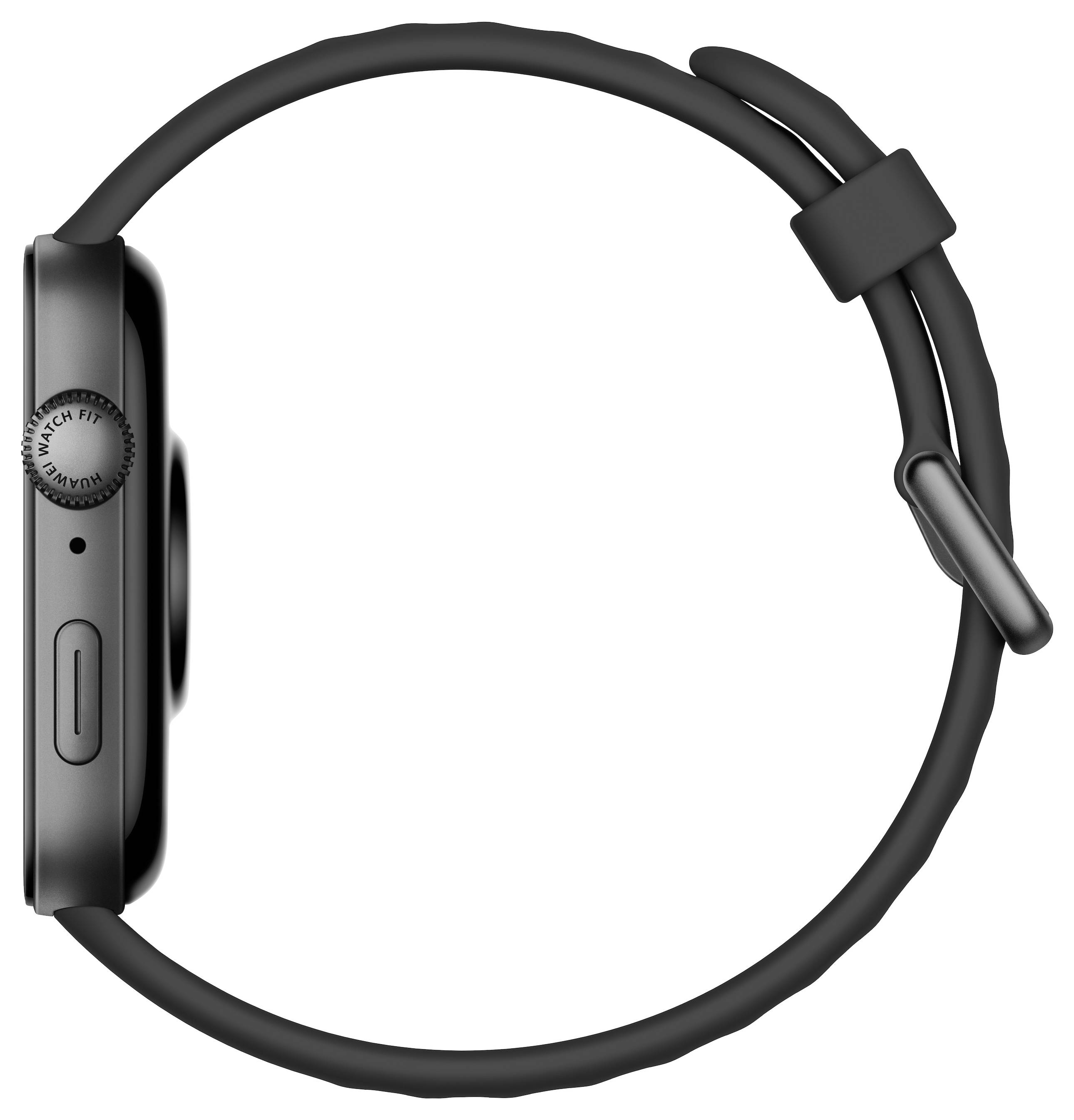Eine schlanke schwarze Smartwatch von der Seite betrachtet mit einem runden Knopf und rechteckigem Touchscreen, schwarzes Gummiarmband darum gewickelt.