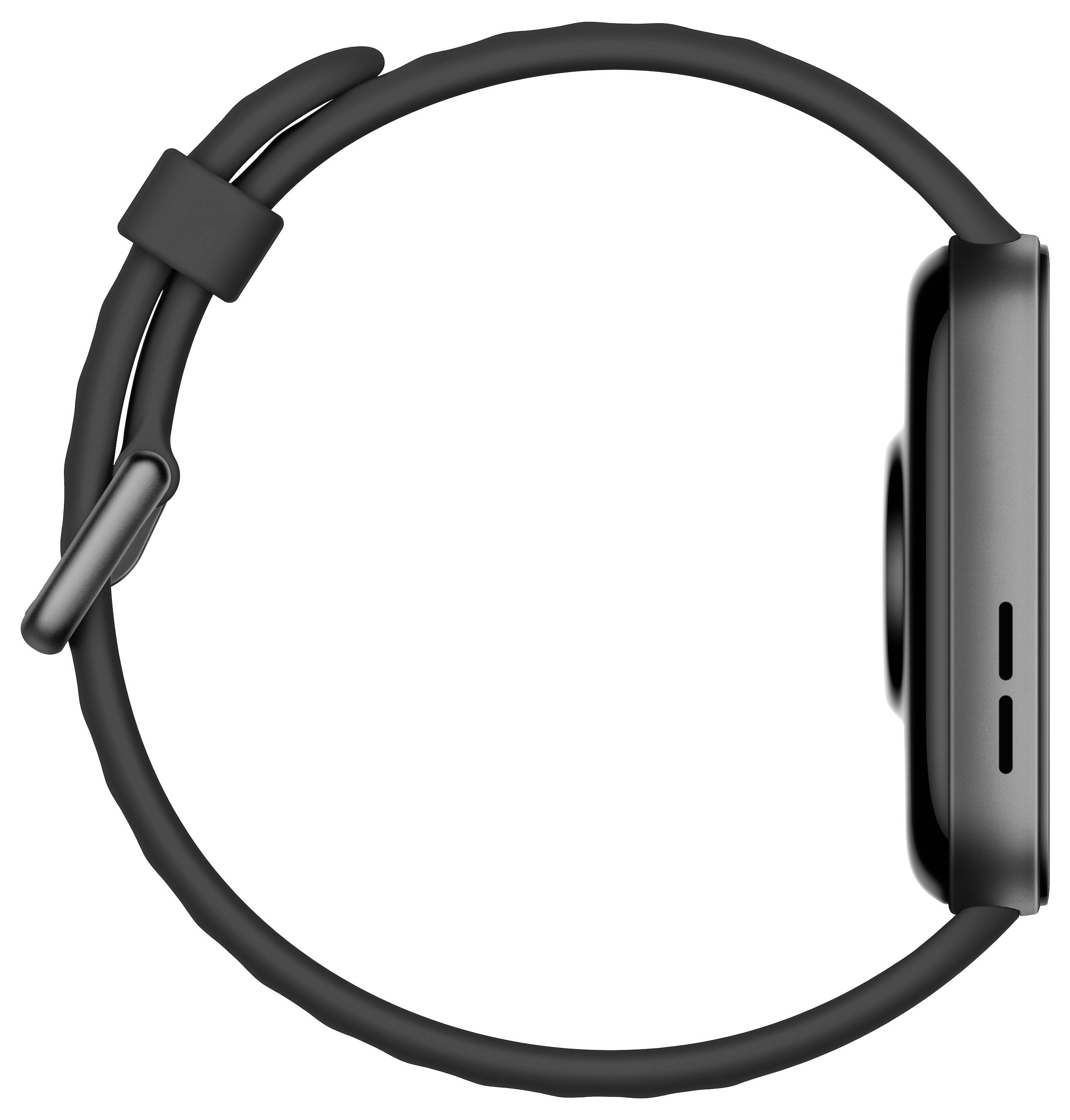 Seitenansicht einer schwarzen Smartwatch mit schlankem Profil, die das Armband und das Gehäuse zeigt und ihr elegantes Design und die Platzierung der Tasten hervorhebt.