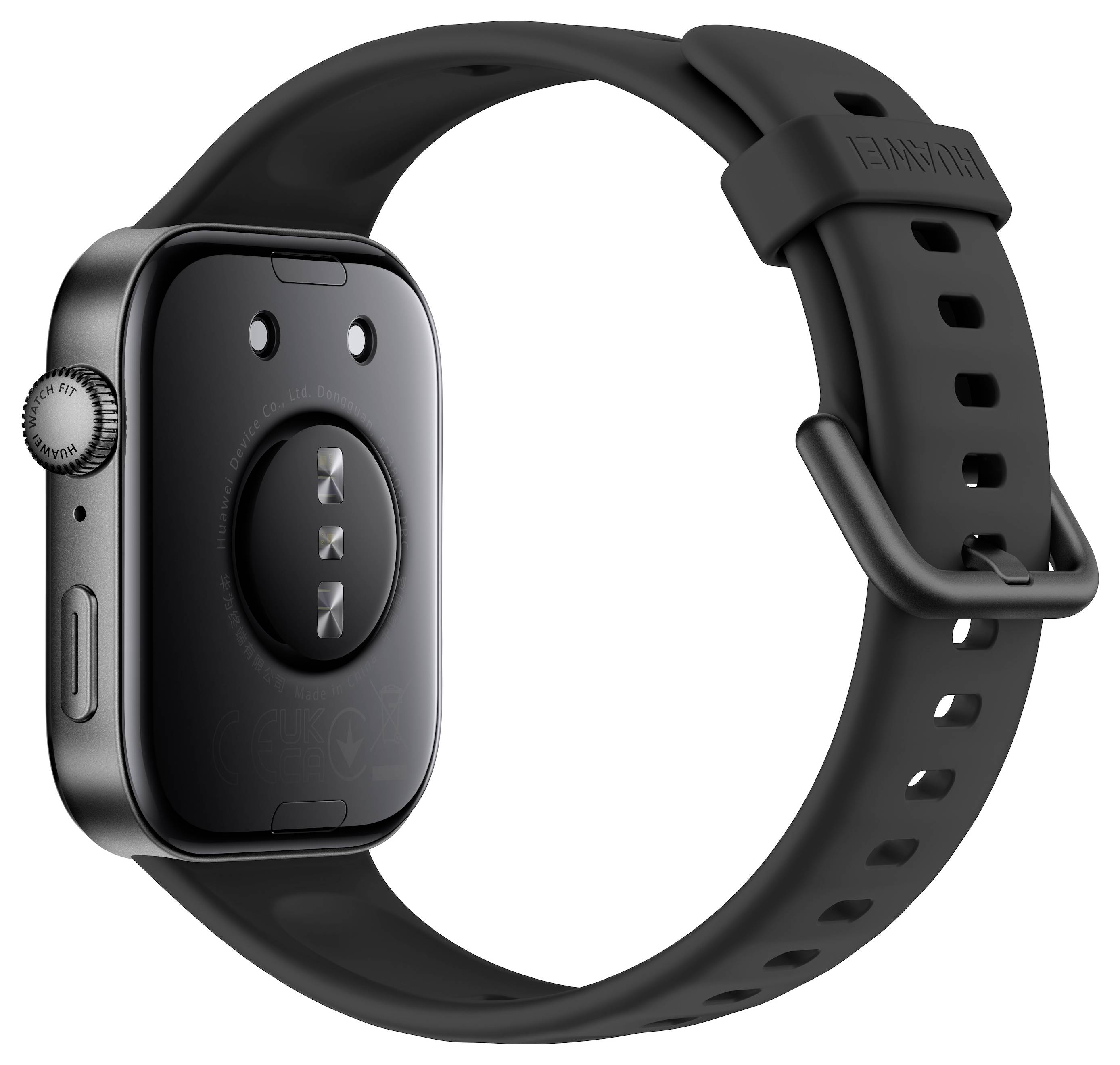 Eine Smartwatch mit dunklem Armband und rechteckigem Touchscreen, die ein schlankes Design und seitliche Tasten zur Navigation präsentiert.
