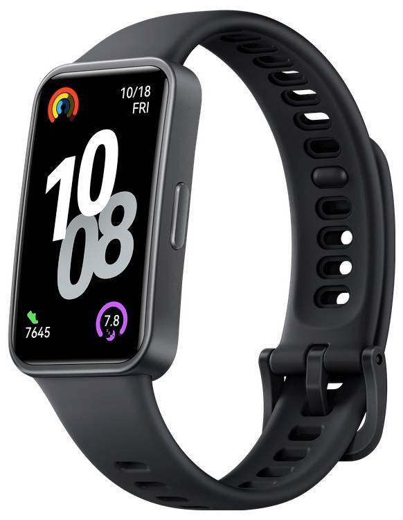 Eine schwarze intelligente Fitness-Uhr, die die Uhrzeit, das Datum und verschiedene Fitness-Statistiken anzeigt, einschließlich der Schrittanzahl und eines farbigen Aktivitätsrings.