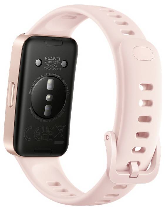 Eine rosa Smartwatch von hinten mit sichtbarem Sensor und Text, der Modell und Spezifikationen anzeigt.
