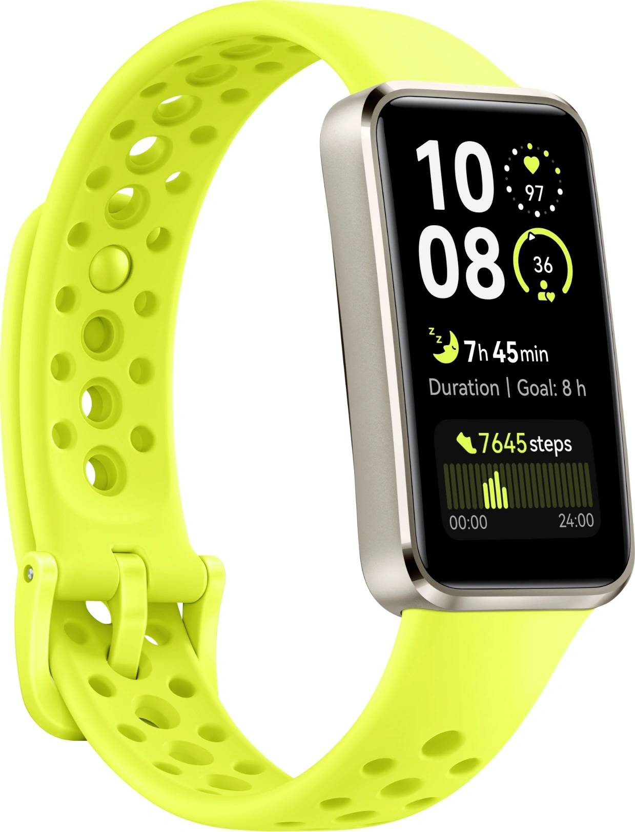 Eine Smartwatch mit einem leuchtend gelben Armband zeigt Gesundheitsdaten an: die Uhrzeit 10:08, einen Pulsmesser, eine Dauer von 7h 45min, 7645 Schritte.