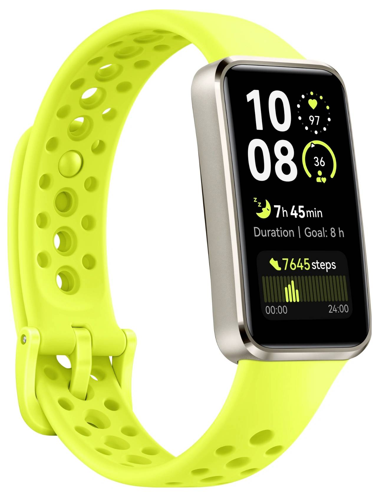 Eine intelligente Fitness-Uhr mit leuchtend gelbem Armband zeigt die Uhrzeit, Herzfrequenz bei 97 Schlägen pro Minute, 7 Stunden 45 Minuten Schlaf und 7645 Schritte an.