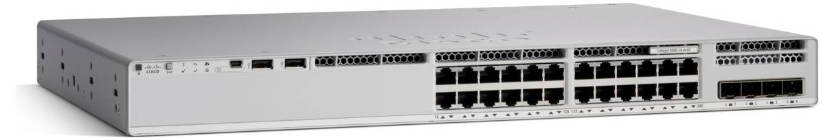 Ein silberner Netzwerk-Switch mit 28 Ethernet-Anschlüssen und vier kleineren Anschlüssen auf der rechten Seite. Der Markenname ist auf der Oberseite eingraviert.