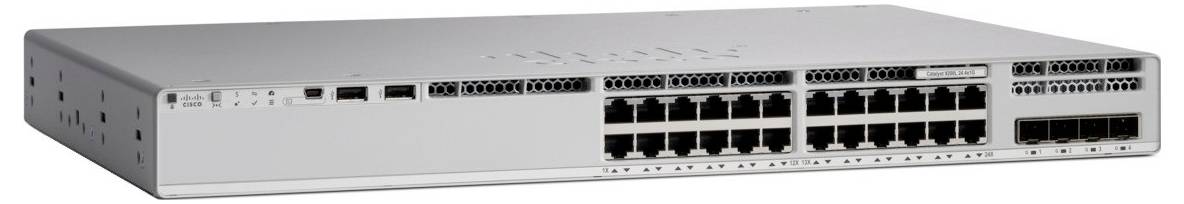 Ein silberfarbener Netzwerk-Switch mit mehreren Ethernet-Anschlüssen und einigen USB-Anschlüssen, entwickelt für Datenverwaltung und Konnektivität in IT-Netzwerken.