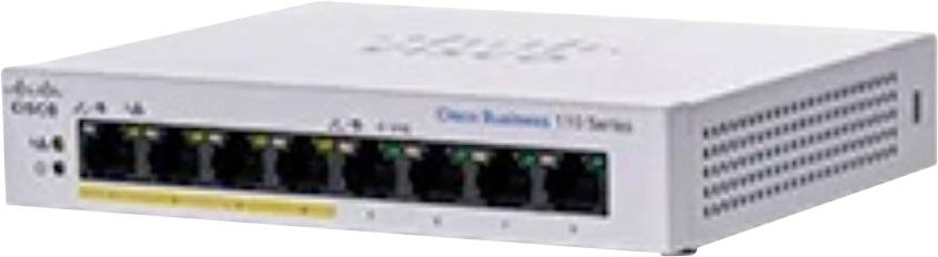 Ein Netzwerk-Switch mit acht Ethernet-Anschlüssen, Teil der Cisco 100-Serie, der zum Verbinden mehrerer Geräte in einem lokalen Netzwerk verwendet wird.