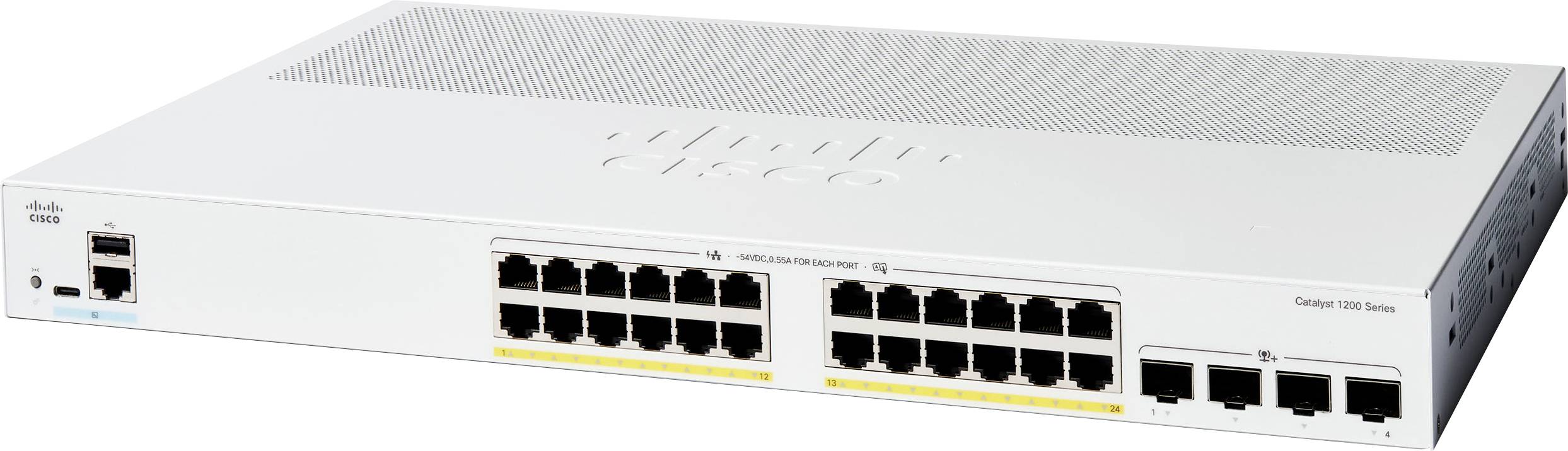 Ein Cisco-Netzwerk-Switch mit mehreren Ethernet-Anschlüssen und zwei USB-Anschlüssen, der zum Verwalten des Datenverkehrs in einer Netzwerkumgebung entwickelt wurde.