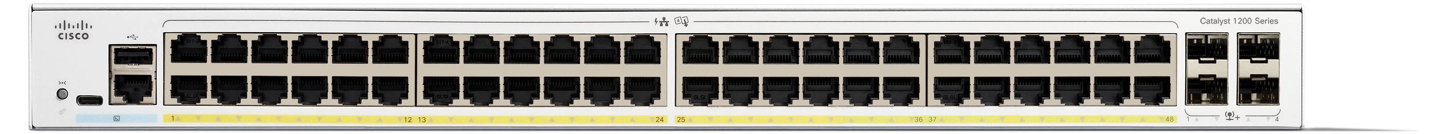 Cisco-Switch mit 48 Ethernet-Ports, 4 SFP-Modulplätzen auf der rechten Seite und Anzeigelampen für Stromversorgung und Status.