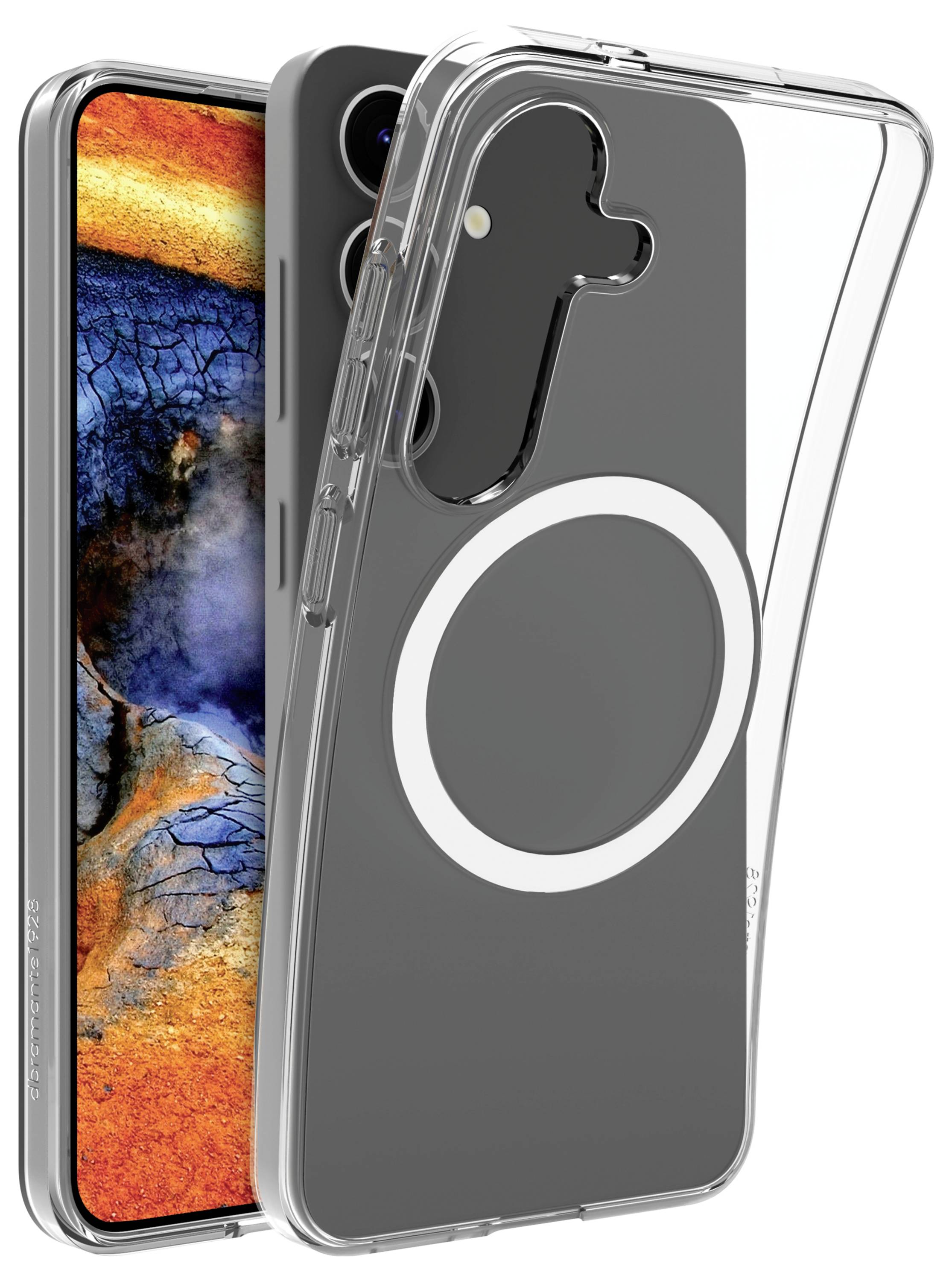 Ein Smartphone mit einem farbenfrohen abstrakten Bildschirm ist teilweise in einer transparenten, flexiblen Schutzhülle untergebracht, die die Ausschnitt der rückwärtigen Kamera zeigt.