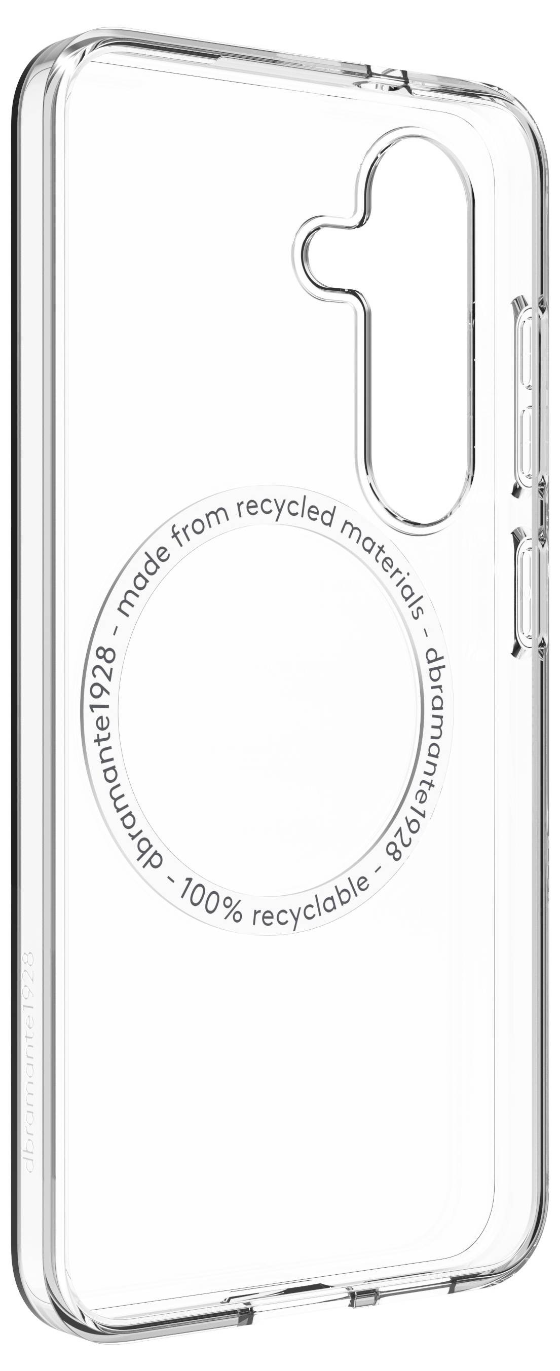 Transparente Handyhülle mit kreisförmigem Design und Text: „Aus recycelten Materialien hergestellt, 100 % recyclebar.