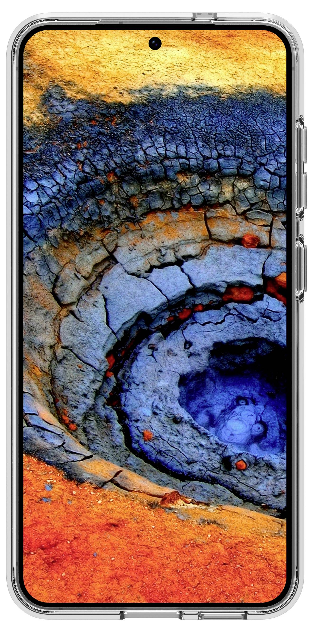Ein Smartphone zeigt ein abstraktes Bild mit konzentrischen Kreismustern in leuchtendem Orange, Blau und Grau, das einem bunten Krater ähnelt.