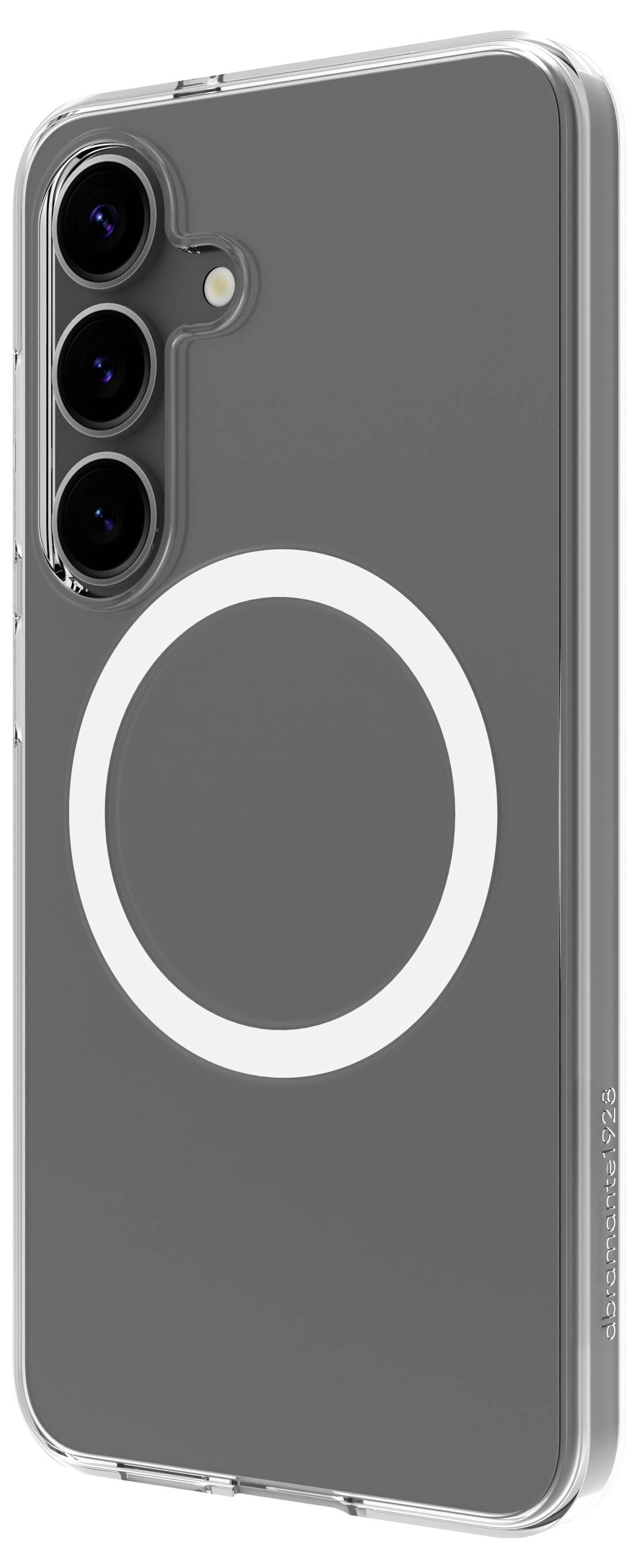 Ein Smartphone mit transparentem Gehäuse, mit einem kreisförmigen weißen Magneten auf der Rückseite und drei rückwärtigen Kameraobjektiven.
