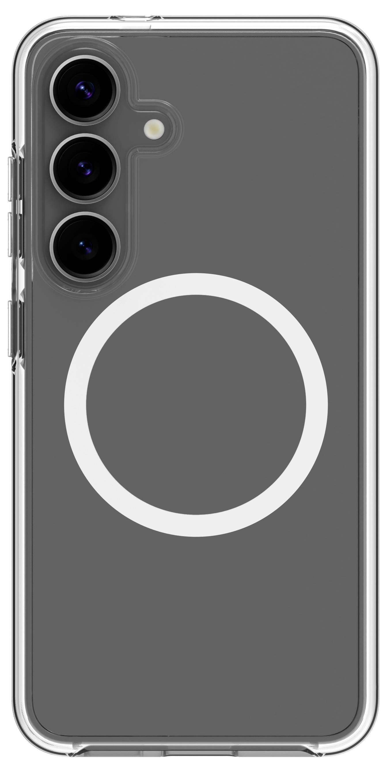 Transparente Smartphone-Hülle mit drei Ausschnitten für Kameraobjektive und einem weißen kreisförmigen Design in der Nähe der Mitte.