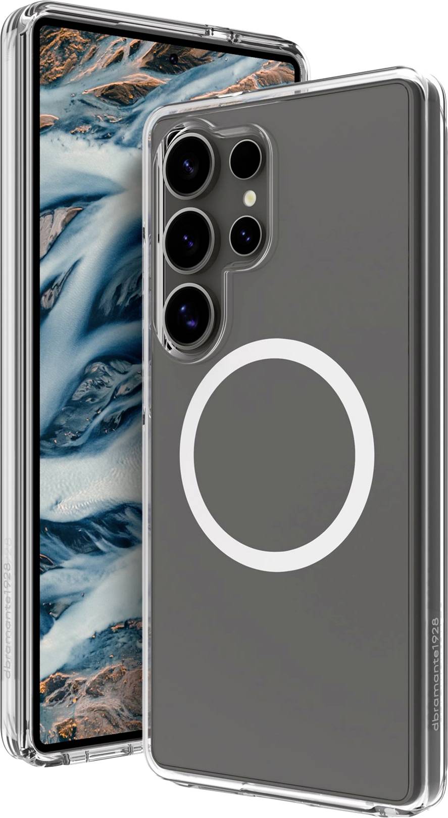 Zwei Smartphones mit durchsichtigen Schutzhüllen; das vordere Telefon zeigt eine Berglandschaft als Hintergrund auf dem Bildschirm, und das hintere Telefon hat ein sichtbares Kamera-Array.