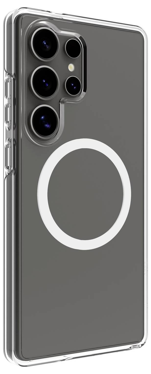 Eine transparente Smartphone-Hülle mit einem großen weißen Kreisring auf der Rückseite, entwickelt für Kompatibilität mit kabellosen Ladevorgängen.