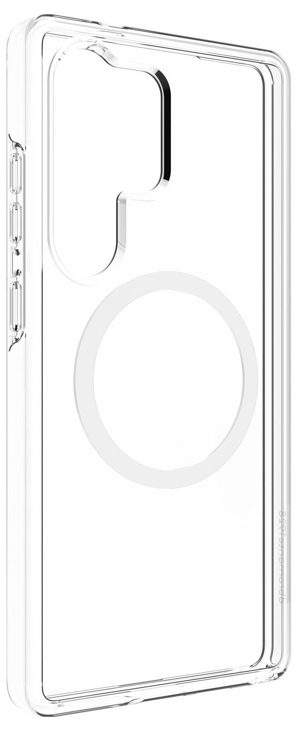 Transparente Handyhülle mit einem kreisförmigen magnetischen Ring auf der Rückseite, der für kabelloses Laden konzipiert ist.