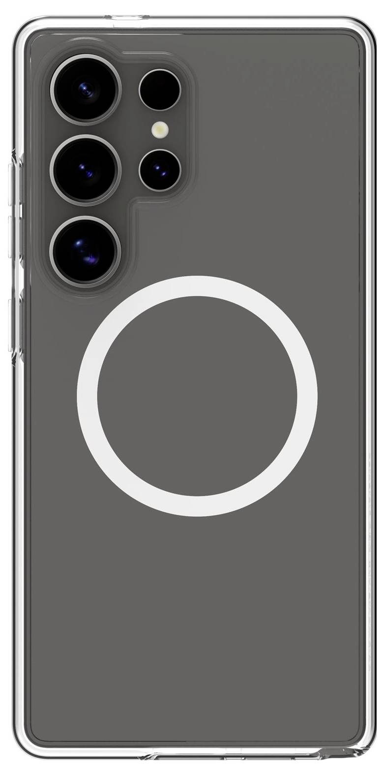 Transparente Handyhülle mit kreisförmigem Design, das drei große und zwei kleine Kameraobjektive zeigt.