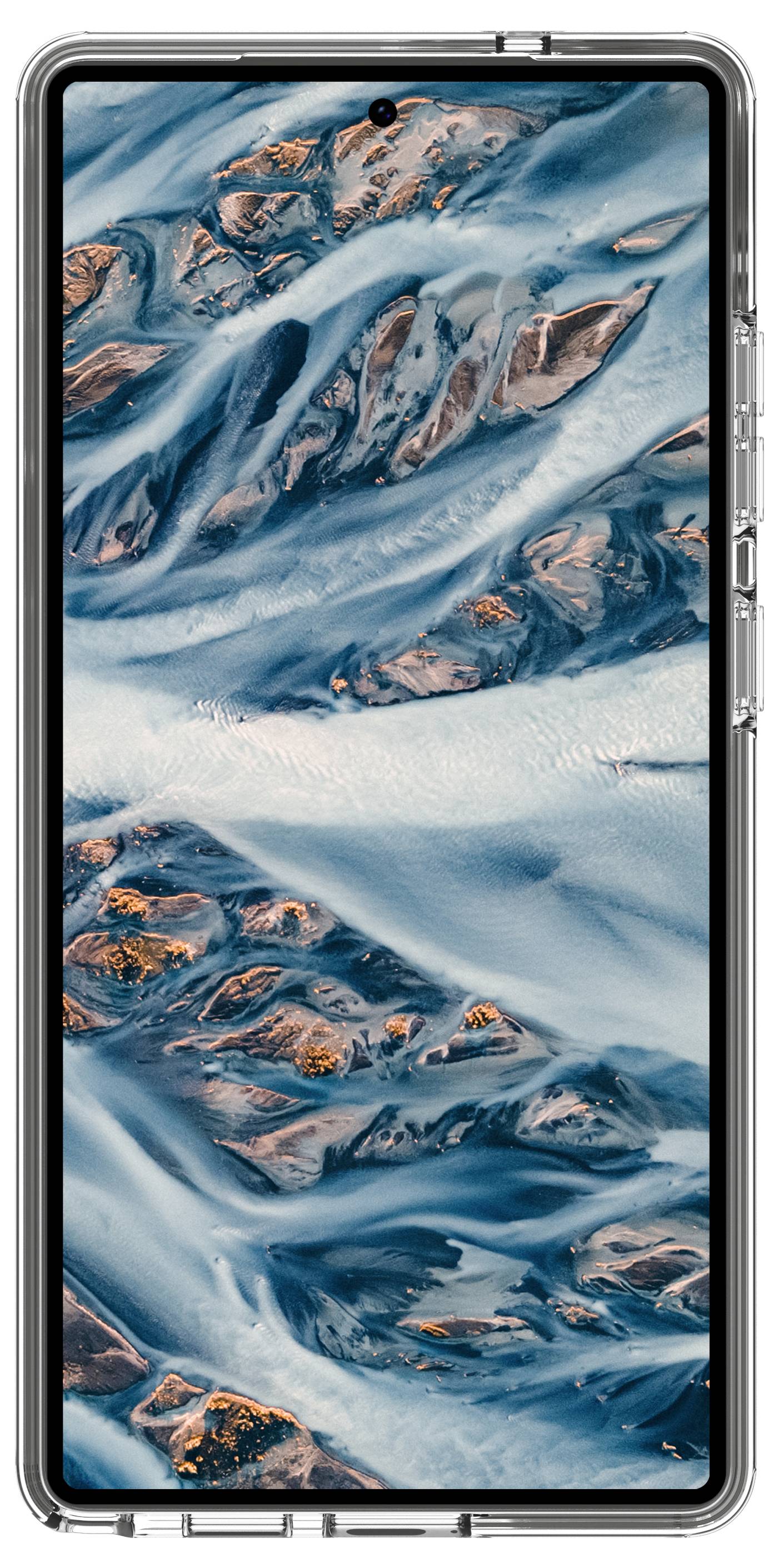 Ein Smartphone mit einem Display, das eine Luftaufnahme eines Flusses mit gewundenen blauen und beigen Mustern zeigt, die die Schönheit der natürlichen Landschaft suggeriert.