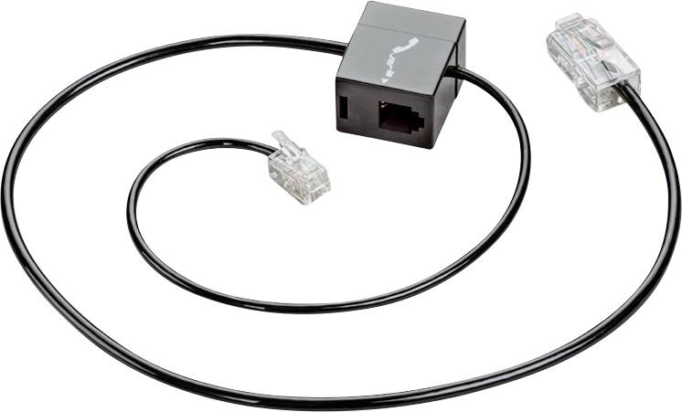 Eine schwarze Telefonverteilerbox mit einem RJ11-Eingang und zwei RJ11-Ausgängen, verbunden durch ein aufgerolltes schwarzes Kabel.