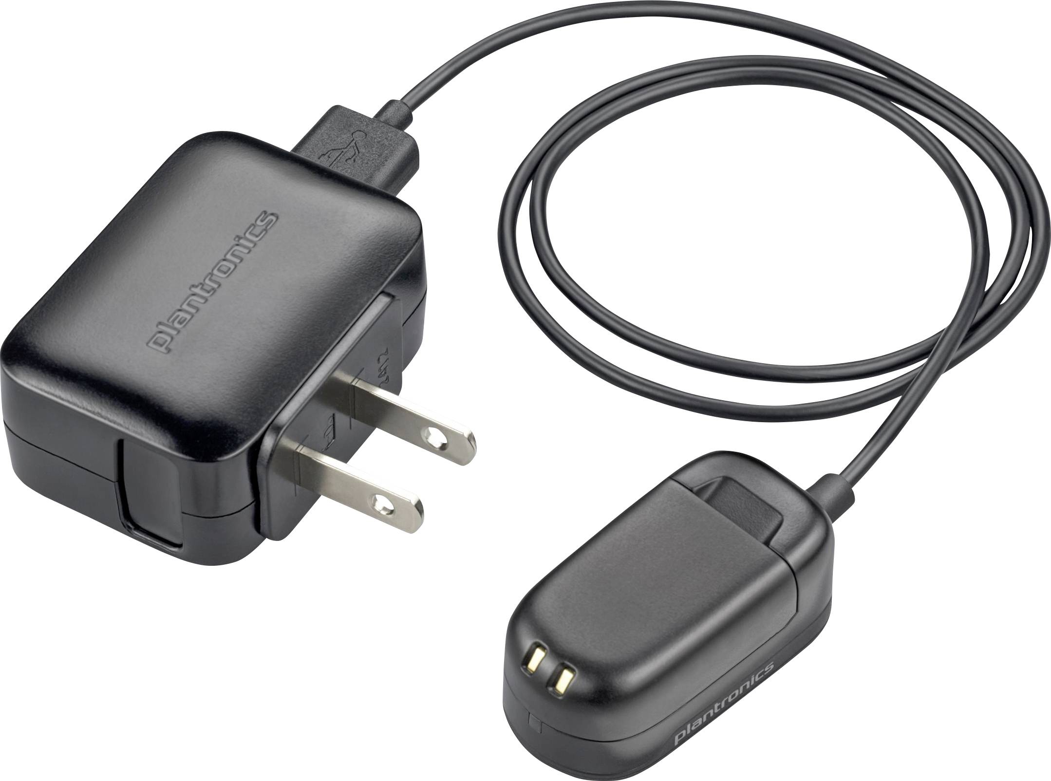 Ein schwarzes Plantronics-Wandladegerät mit USB-Kabel und zweipoliger Steckdose, entwickelt zum Aufladen von Headsets oder ähnlichen Geräten.