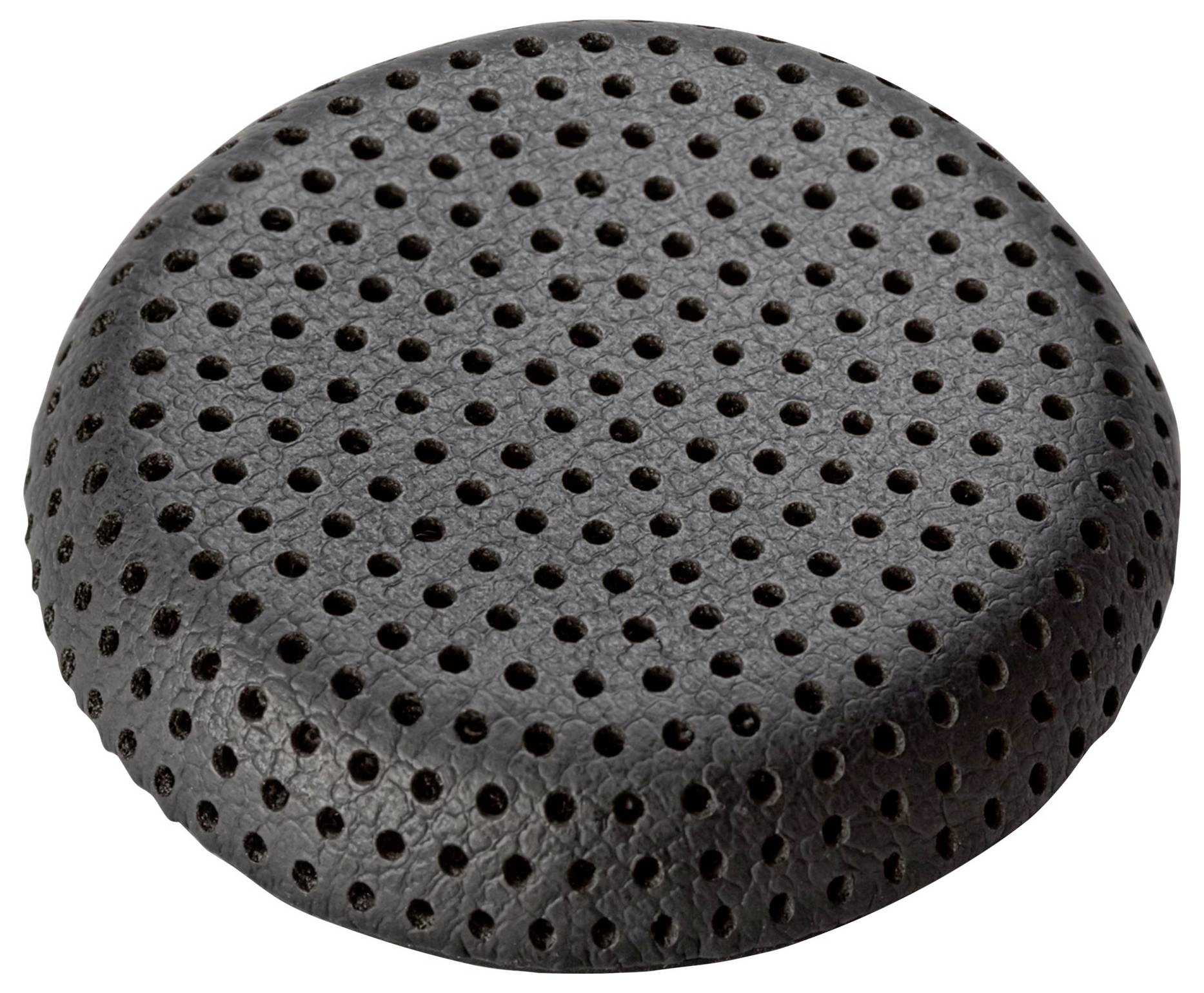 Ein rundes, gelochtes, dunkel strukturiertes Objekt, das einer Lüftungsöffnung oder einer Lautsprecherabdeckung ähnelt.