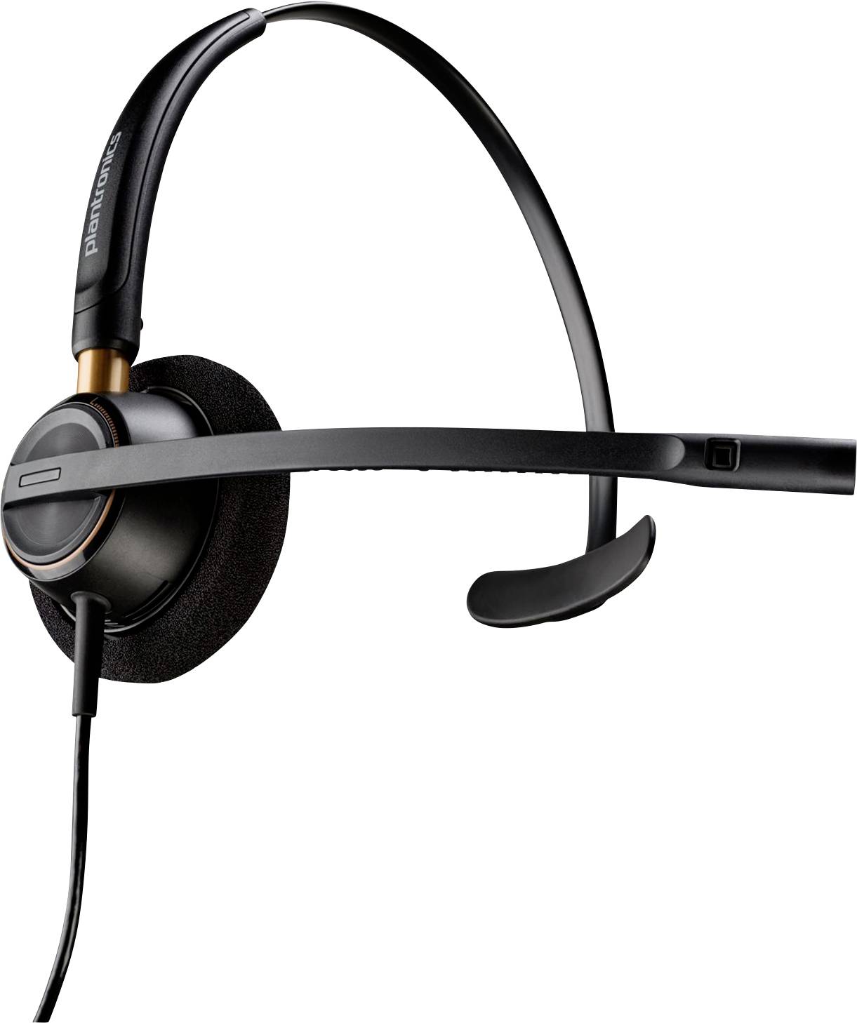 Ein schwarzes kabelgebundenes Headset mit verstellbarem Kopfbügel und Schaumstoff-Ohrpolster auf einer Seite, ausgestattet mit einem Mikrofon-Ausleger für klare Kommunikation.