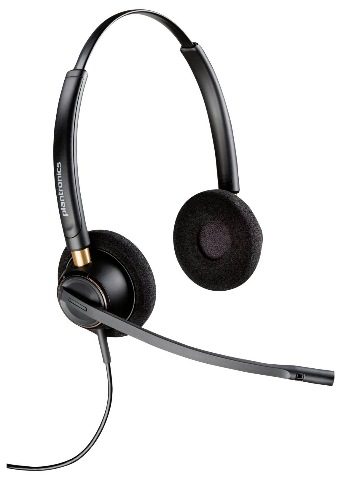Ein schwarzes, kabelgebundenes Headset mit Mikrofonarm, mit weichen Ohrpolstern und einem verstellbaren Kopfbügel für komfortable Audiokommunikation.