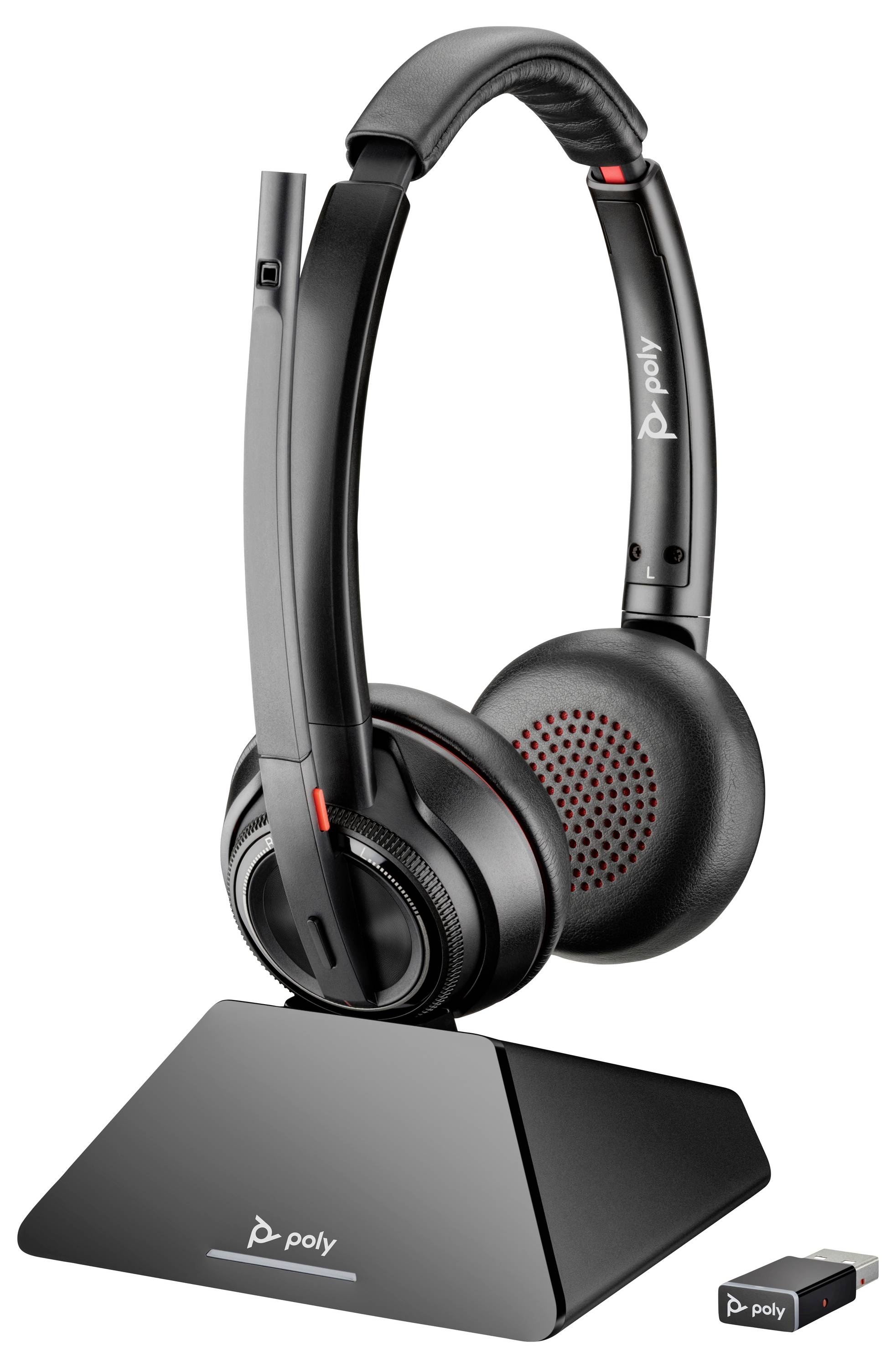 Wireless schwarzes Headset mit gepolsterten Ohrmuscheln auf einem dreieckigen Ladegerät, mit 