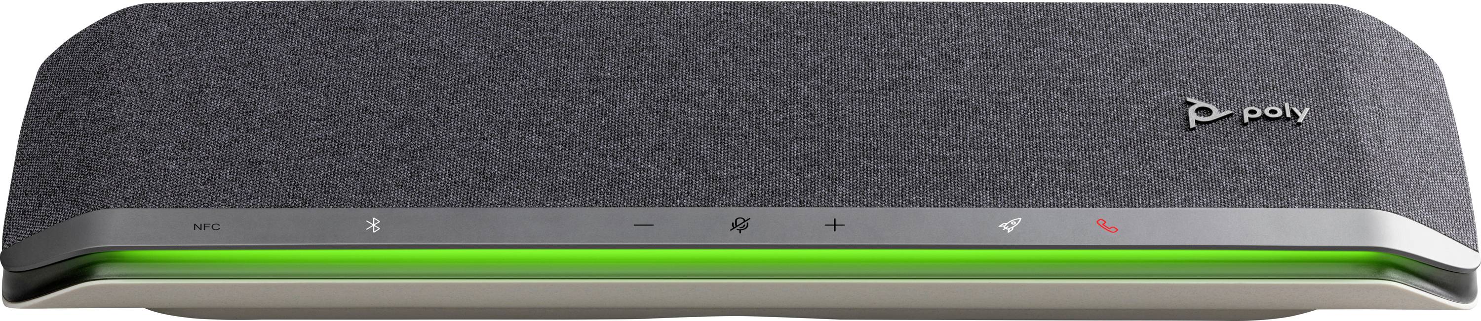 Eine Soundbar mit Stoffbezug und Steuersymbolen auf der Oberseite; ein leuchtend grünes Licht zeigt Stromversorgung oder Status an; mit dem Logo „Poly