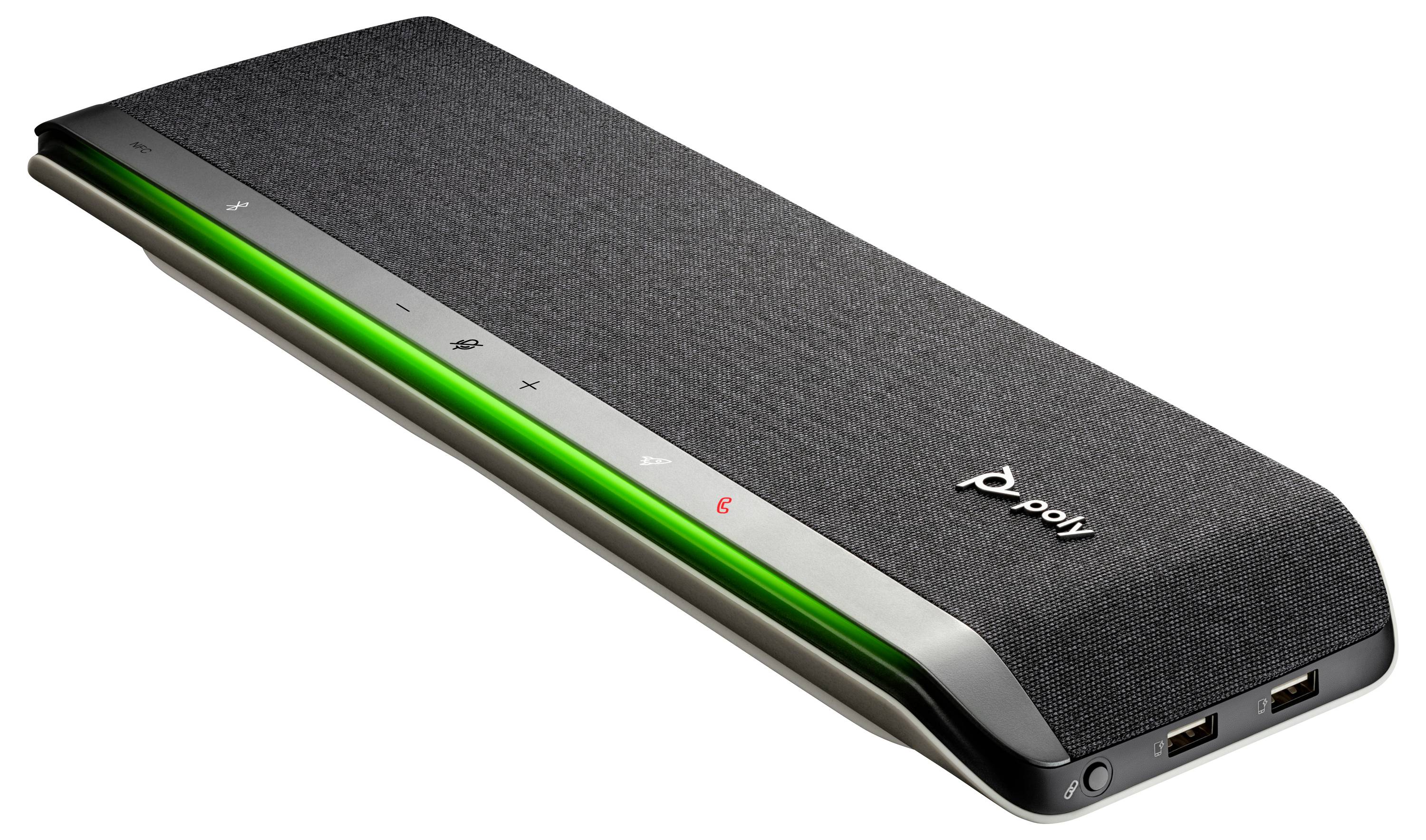 Ein rechteckiger schwarzer Freisprechtelefon mit Touchbedienungen oben für Lautstärke, Mikrofone und Anruffunktionen, Markenlogo und USB-Anschlüssen auf der Seite.