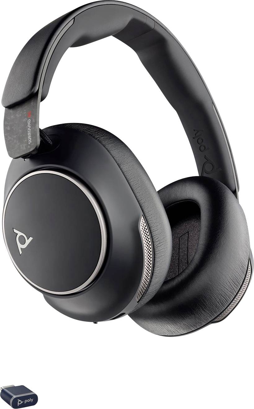Schwarze kabellose Kopfhörer mit gepolsterten Ohrpolstern und einem USB-Dongle für die Konnektivität.