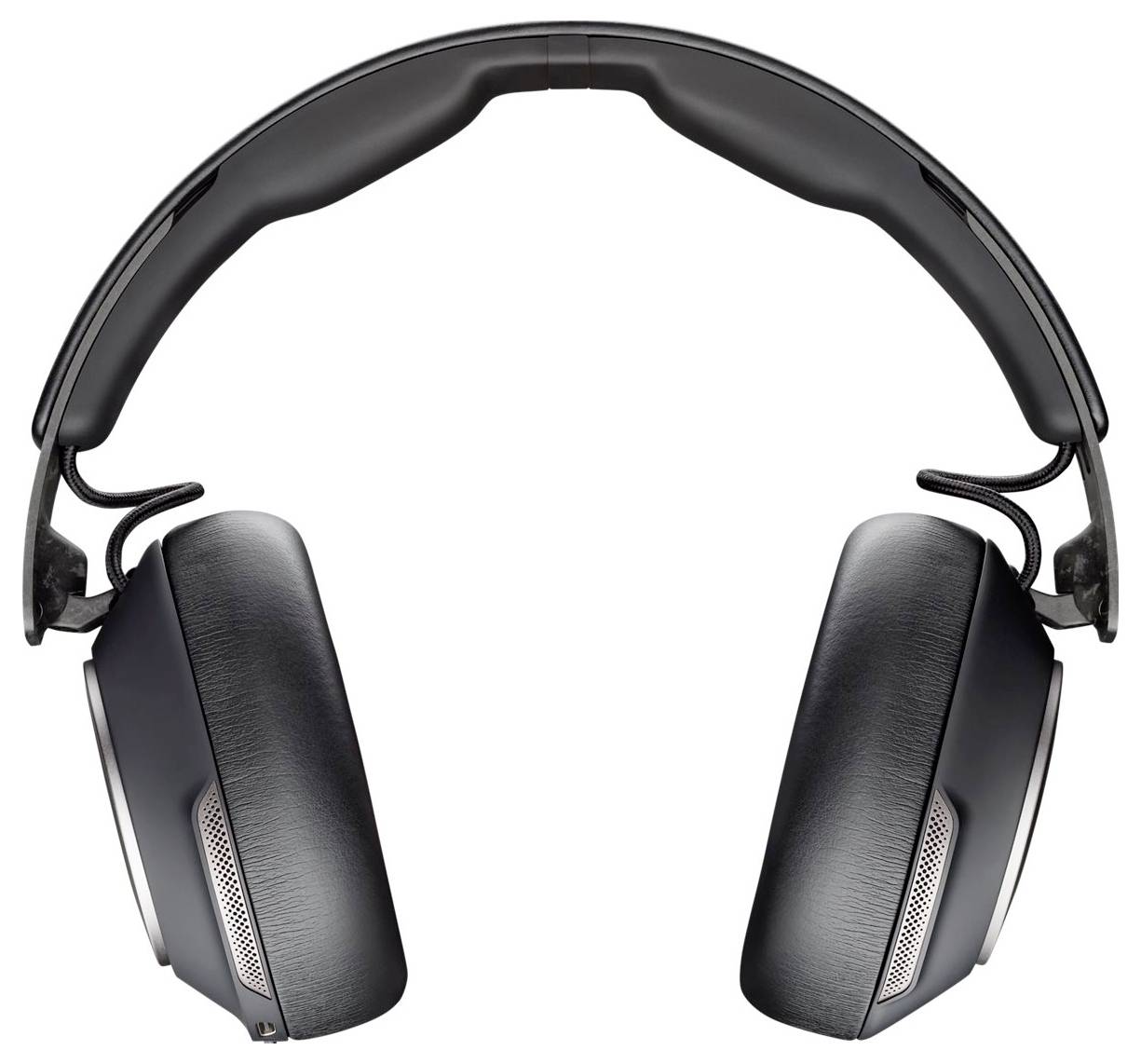 Ein Paar schwarze Over-Ear-Kopfhörer mit gepolsterten Ohrmuscheln und verstellbarem Kopfbügel, von vorne betrachtet.