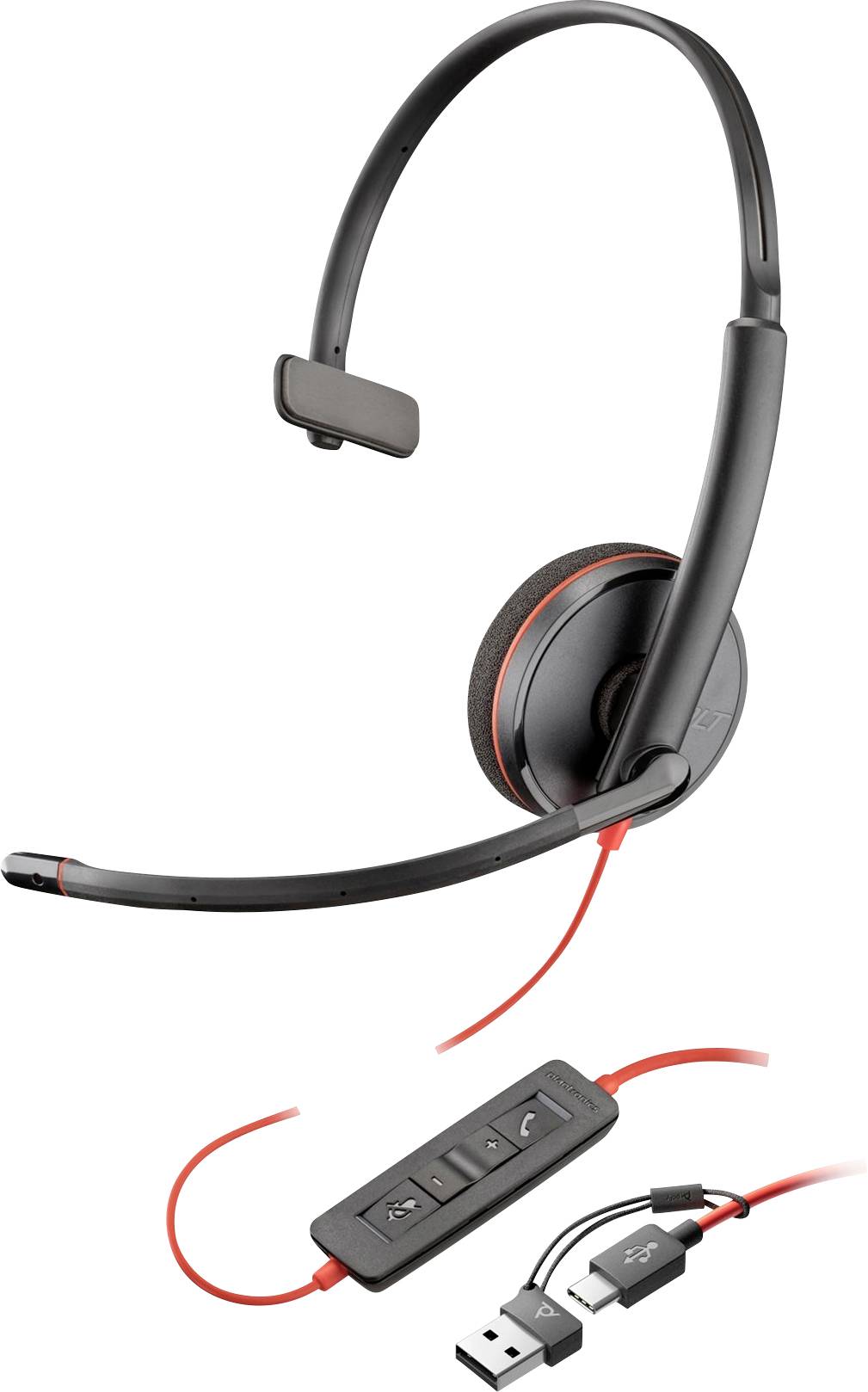 Kopfhörer mit einzelnem Ohr, Mikrofon, gepolstertem Ohrpolster und verstellbarem Kopfbügel. Enthält Inline-Lautstärkeregelung und USB-Verbindungskabel.