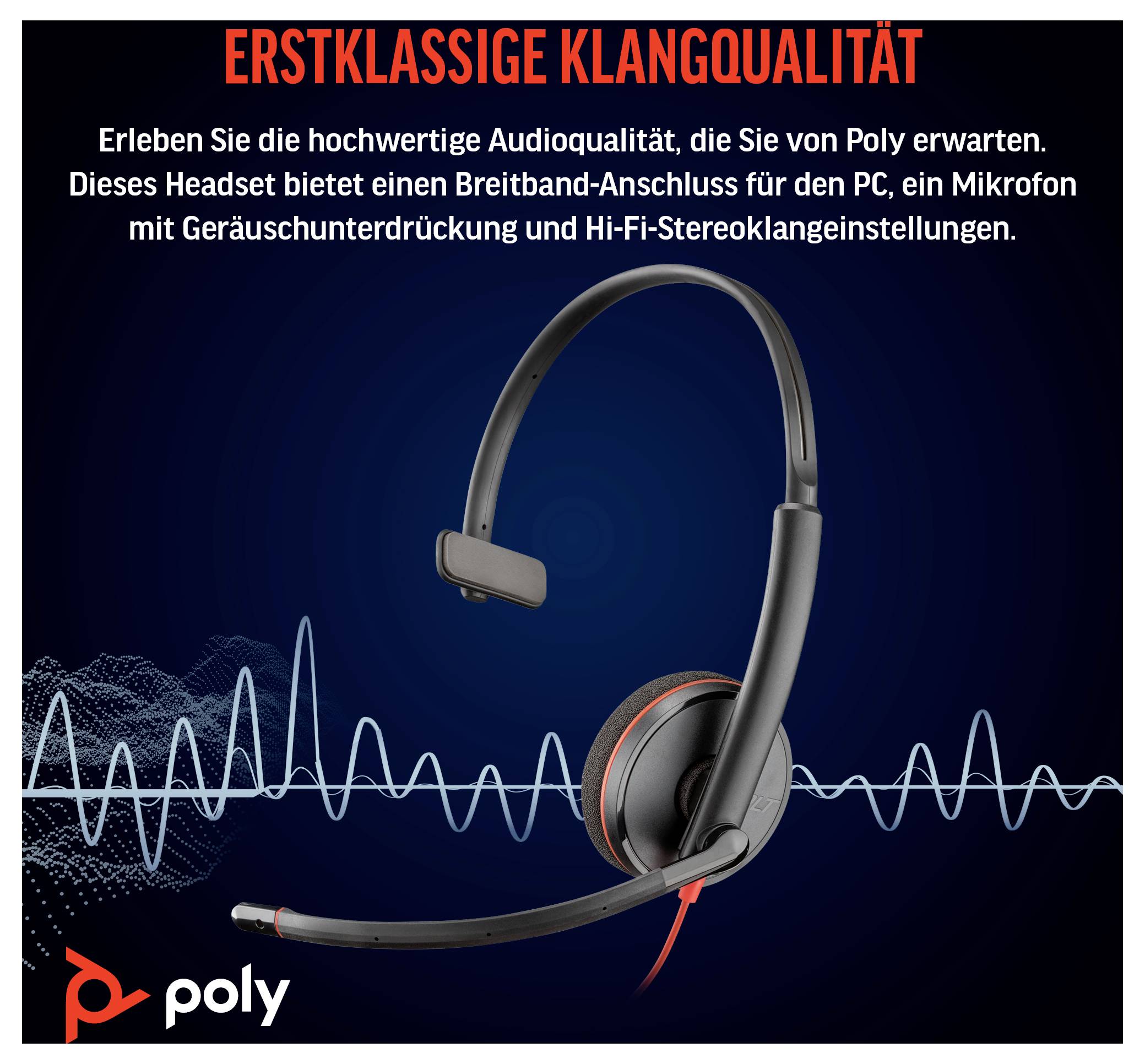Ein Headset mit Mikrofon und Geräuschunterdrückungsfunktion wird gezeigt. Der Text lautet „Erstklassige Klangqualität