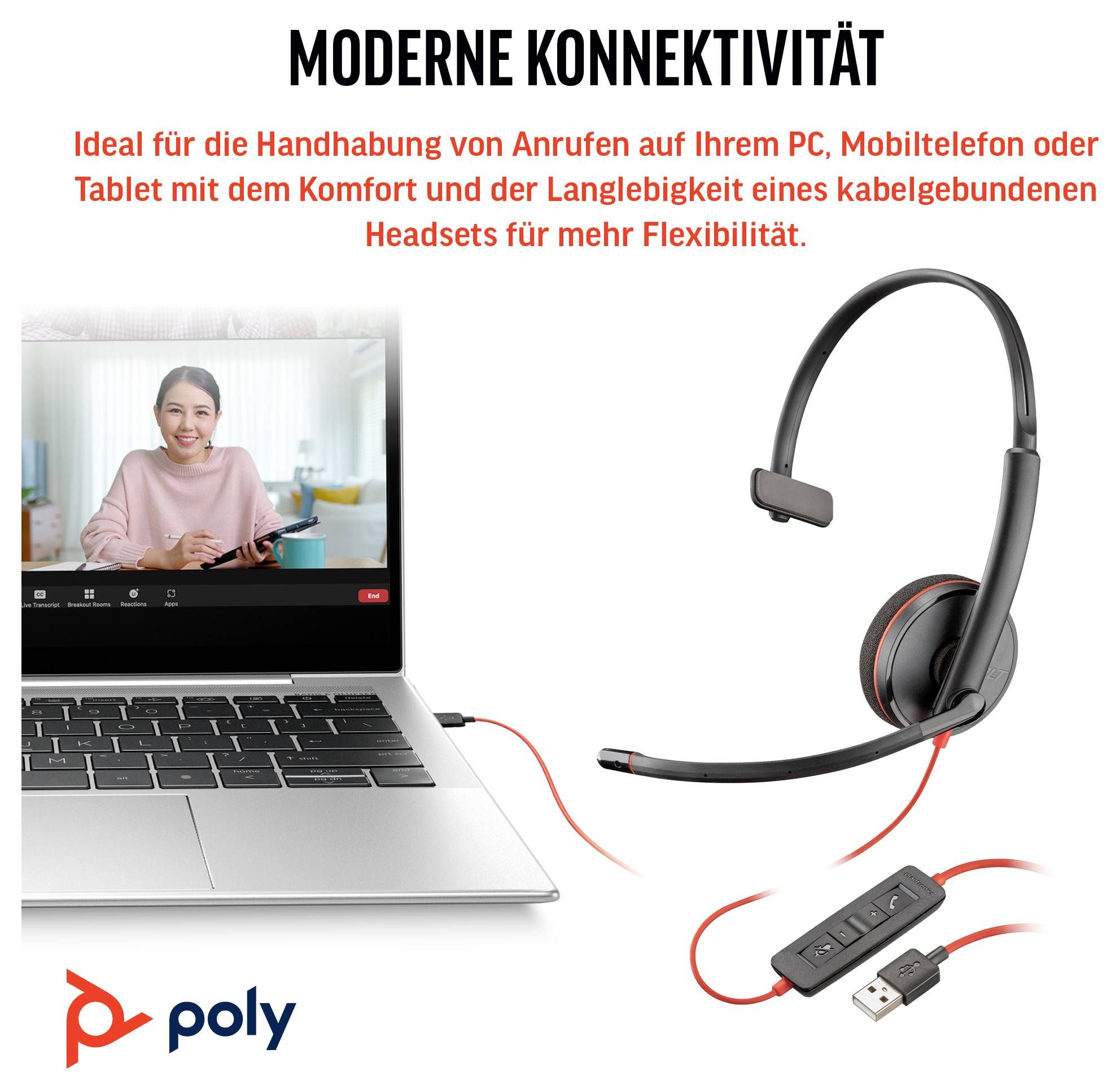 Ein Laptop mit einem Videogesprächsbildschirm auf der linken Seite. Ein Headset mit USB-Verbindung wird auf der rechten Seite angezeigt. Text: 'MODERNE KONNEKTIVITÄT'.