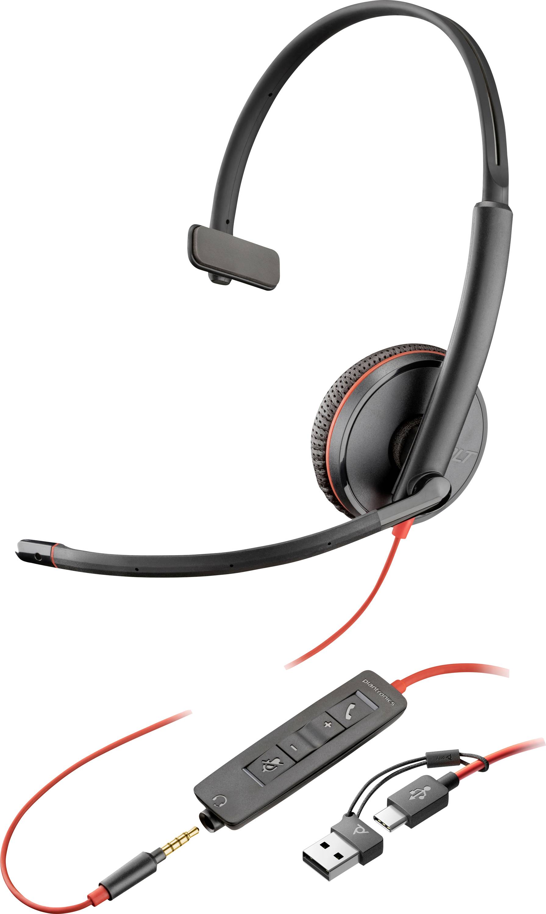 Ein schwarzes und rotes drahtgebundenes Headset mit Boom-Mikrofon. Inklusive USB- und 3,5-mm-Verbindungskabel mit integrierter Lautstärke- und Stummschalt-Regelung.